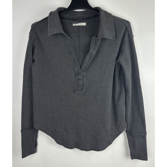 We The Free People Anakin Thermal Top Small Faded Black Slouchy Boho Grunge - Picture 2 of 9